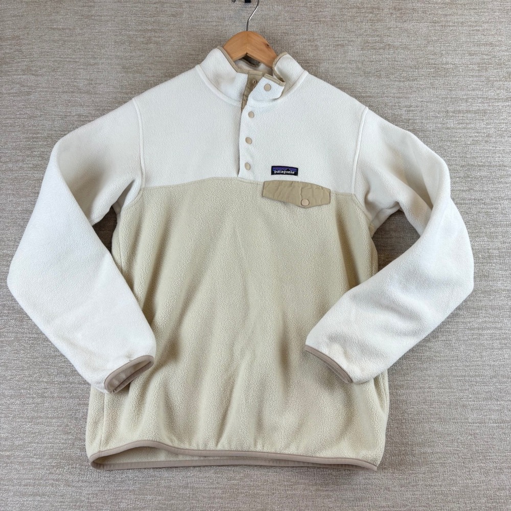 Patagonia Womens Lightweight Synchilla Snap-T Pullover M Bleached Stone w/ Khaki